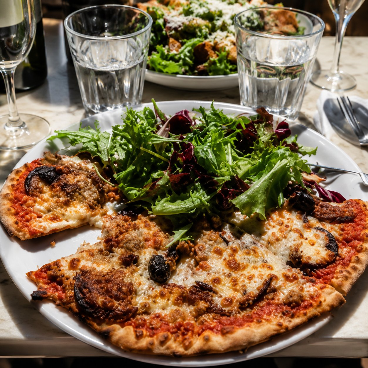 Pizza artisanale de Pizza Vellano, garnie et servie à table