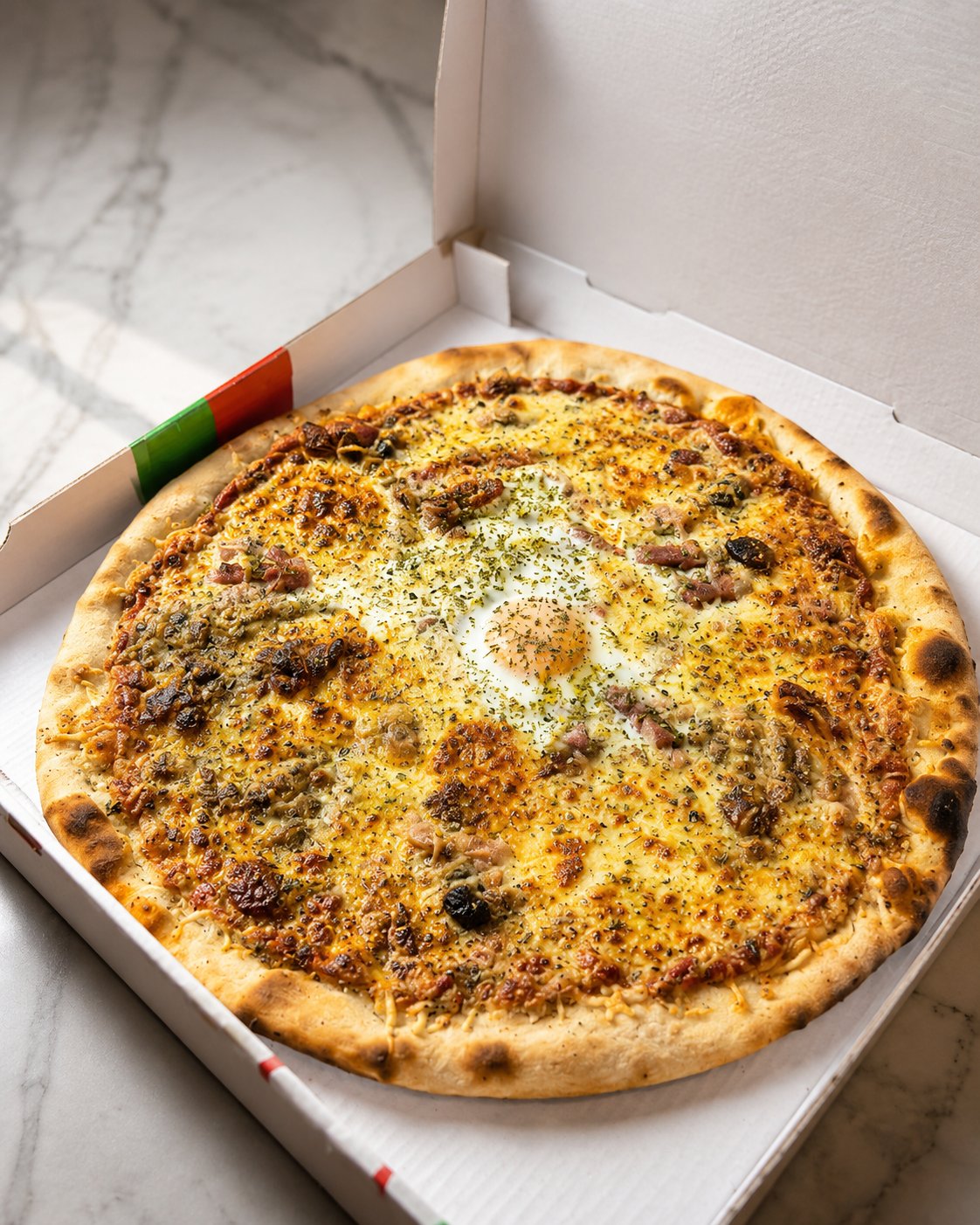 Pizza garnie prête à être servie, présentée dans sa boîte